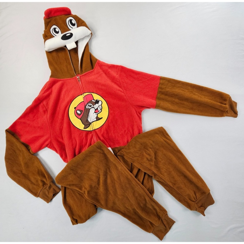 Buc-ee's Beaver Adult L XL One Piece Costume Pajamas Hooded Fleece Buc ees